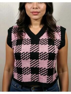 Grunge Womens Pink Black Checkered Vest Academia Preppy BarbieCore